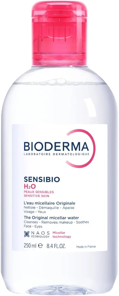 ماء ميسيلار سينسيبيو إتش تو أو (Sensibio H2O) من بيوديرما، وهو منظف ومزيل للمكياج مصمم خصيصاً للبشرة الحساسة.  - الاحجام: 250m