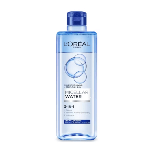 لوريال باريس ماء ميسيلار 3 في 1 (L'Oréal Paris 3-In-1 Micellar Water)، وهو منظف ومزيل للمكياج.  - الاحجام: 250مل
