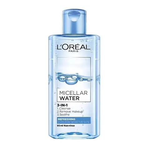 لوريال باريس ماء ميسيلار 3 في 1 (L'Oréal Paris 3-In-1 Micellar Water)، وهو منظف ومزيل للمكياج.  - الاحجام: 95مل
